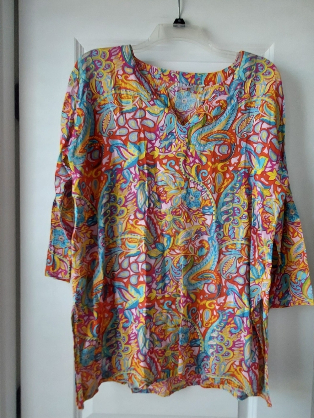Tina Womens Wearable Art Tunic Top Large 3/4 Sleeve Colorful Paisley Boho